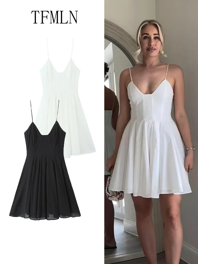 TFMLN Sweet Women Pleated Mini Strap Dress Summer Elegant Vneck Sleeveless Backless Party Chic Causal Aline 250520