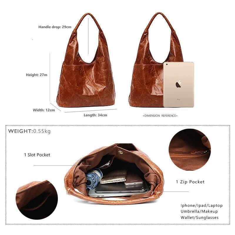SC Single Handle Over Shoulder Hobo Bag Women Retro Leather Soft Multi Pockets Large Capacity Handbag Vintage Style Snap Button