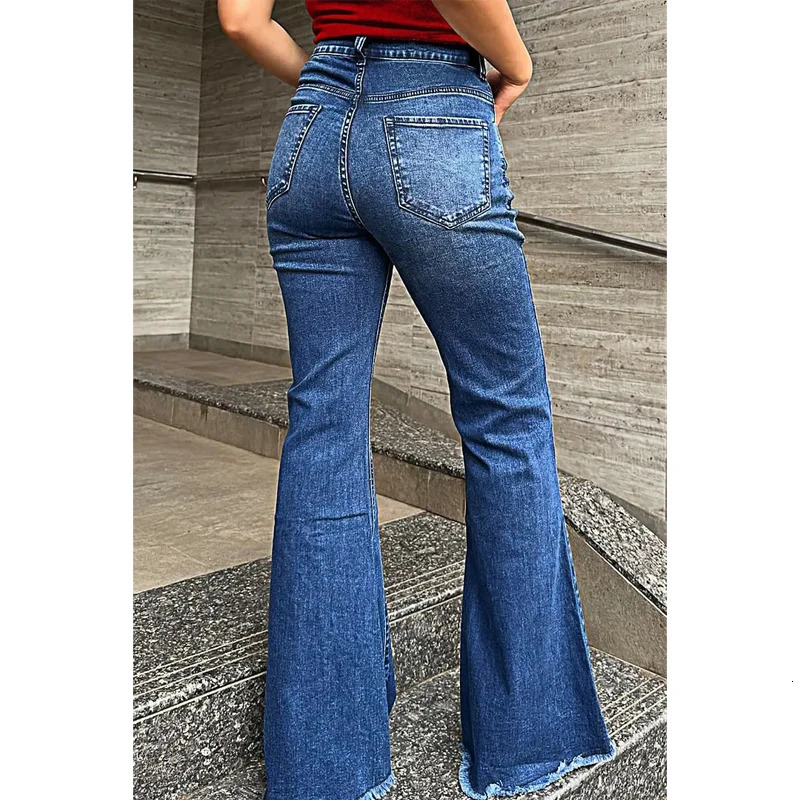 Huangs Stylish High Waist Flare Bell Bottom Jeans Curvy Seam Details Raw Hem Loose Fit Ladies Pants Western Womens Trouser T39 250520