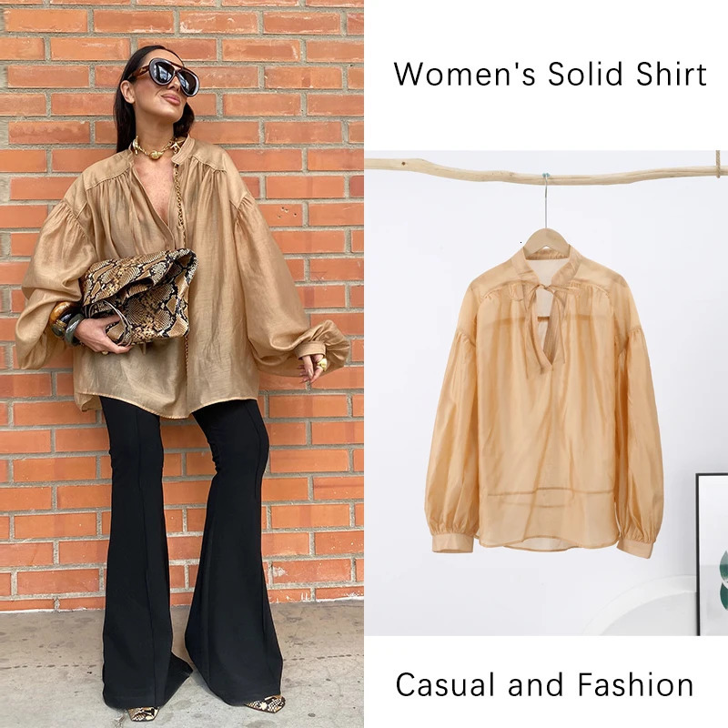 Fashion Long Puff Sleeve Blouses For Women Spring Chic Vneck Pullover Shirts Summer Holiday Lady Street Beach Party Tops 250520
