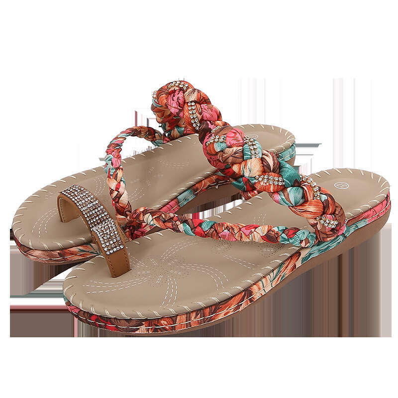 2025 New Fashion Wood NEW TOP Bead Water Diamond Bohemian Slope Heel Comfortable Large Sandals for Women