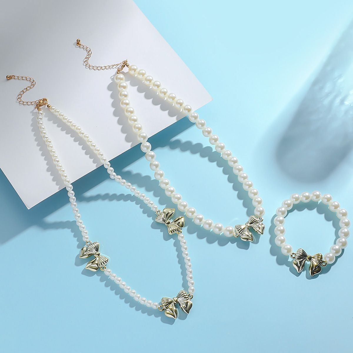 New bow age reducing imitation pearl necklace, version, Korean sweet girl bead necklace set