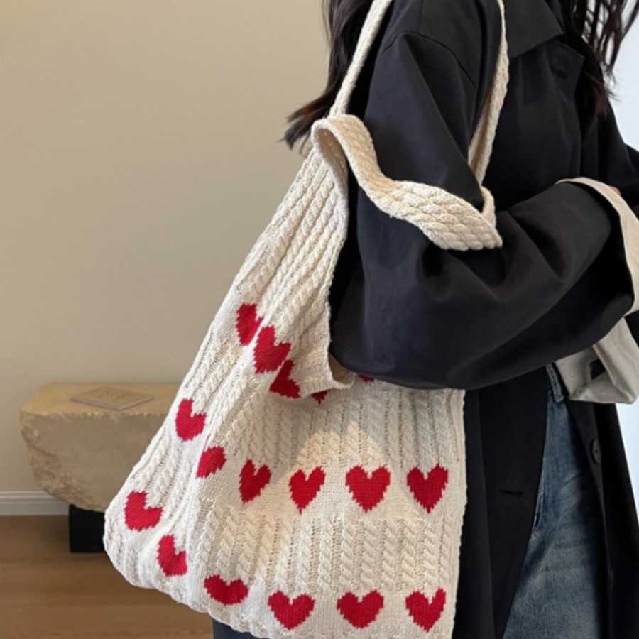 Knitted Love Tote Bag Early Autumn New Small Fresh Simple Fashion Knitted Bag Personalized Western Shoulder Bag