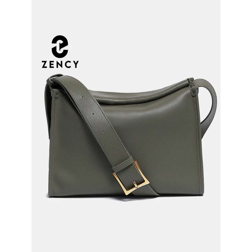 Zency Women's Messenger Soft Genuine Leather Crossbody Bag Satchel Large Capacity Pockets Designer Dark Green Handbag
