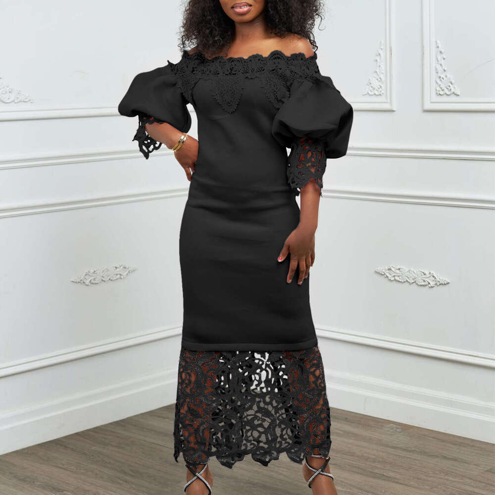 Women's Wear Women's New One Line Neck Lace Spliced Banquet Evening Lantern Sleeves OL Bridesmaid Dress