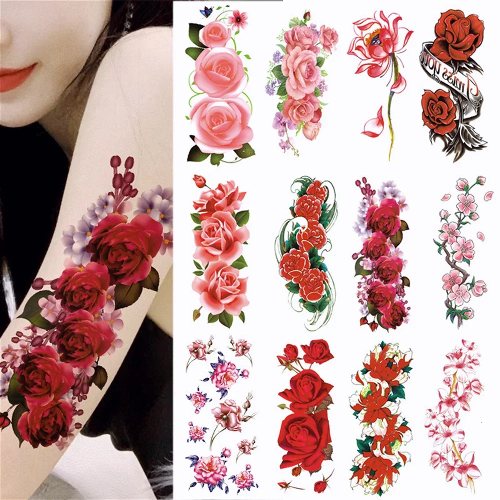Wholesales 100Pcs Flolwer Temporary Tattoo Sticker 3D Beauty Flower Rose Body Tatoo stickers art pattern 250515