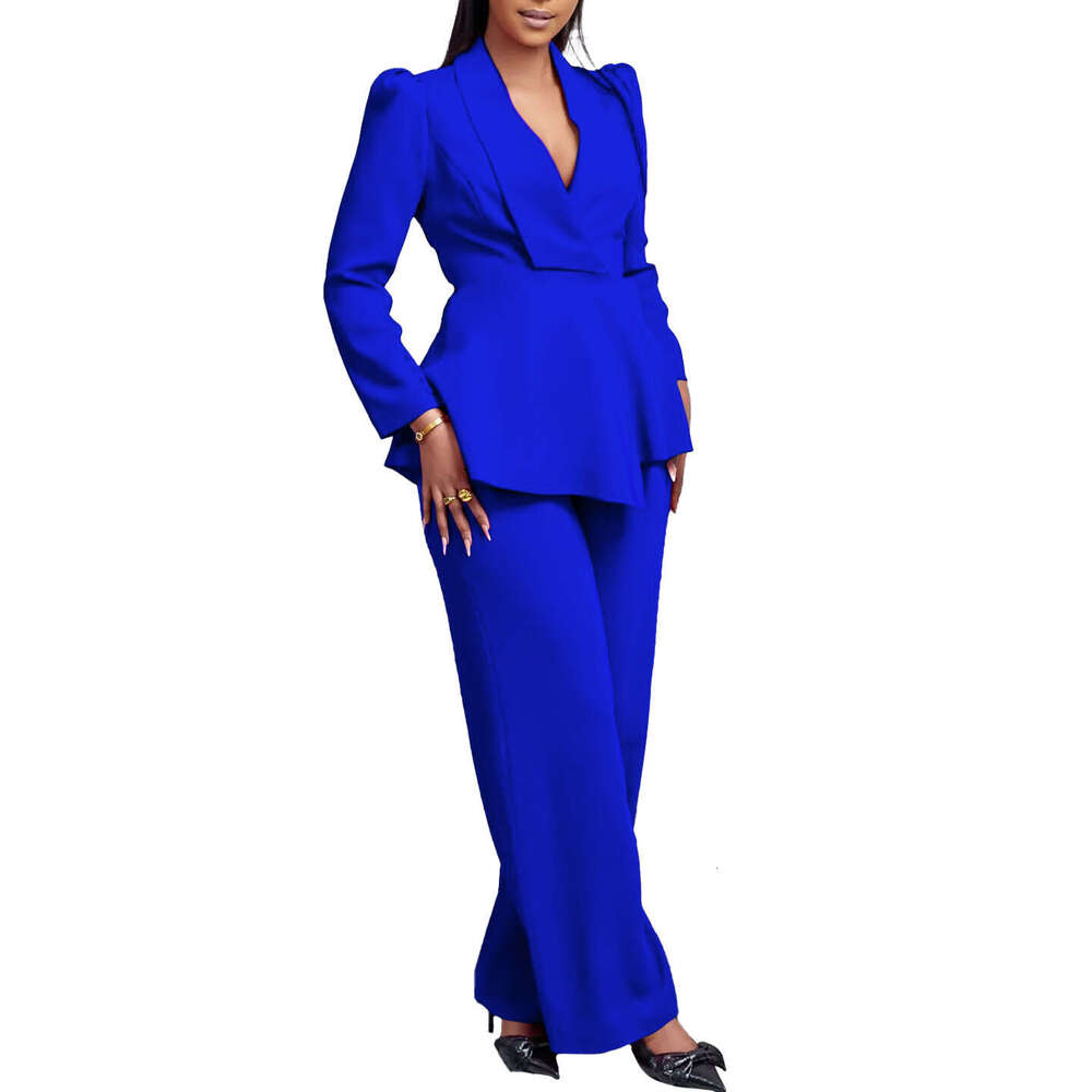 Women's Wear D3315 Women's New Fashion Style Elegant OL Lotus Leaf Edge Sleeve Top Wide Leg Pants Set
