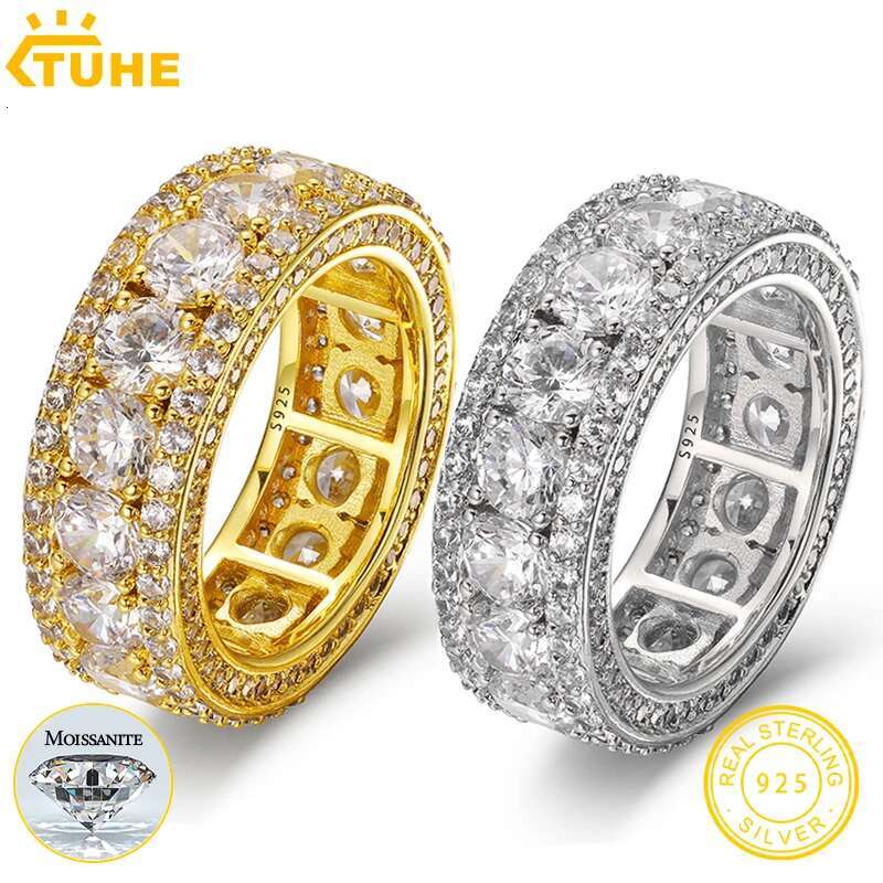 Top Quality 4mm 0.3ct Moissanite Rings For Men Hip Hop Jewelry Sterling Silver 925 Bling Gold Plated 18K White