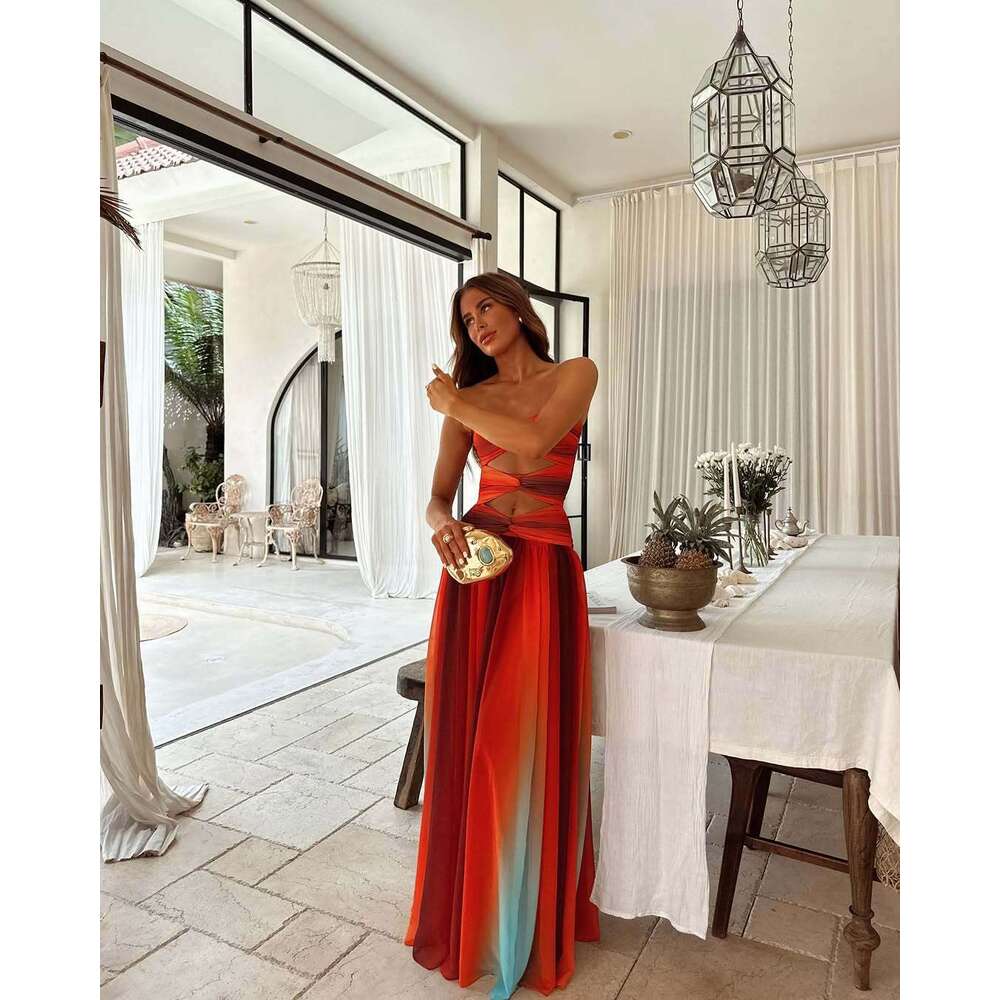 Design sense, vacation cross sleeveless strapless hollow out dress, women's European and American 2025 spring/summer new style, casual fashion tr