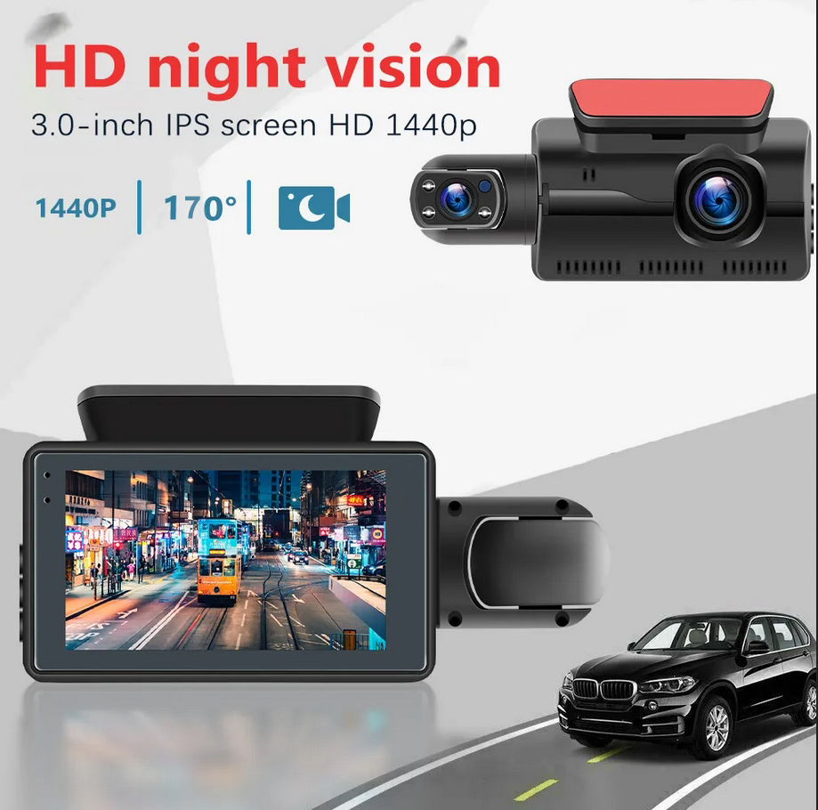 3 Inch Full HD 1440p Car DVR Camcorder Driving System with Front & Rear Lenses for Cars - Widescreen Angle Drive Recorders