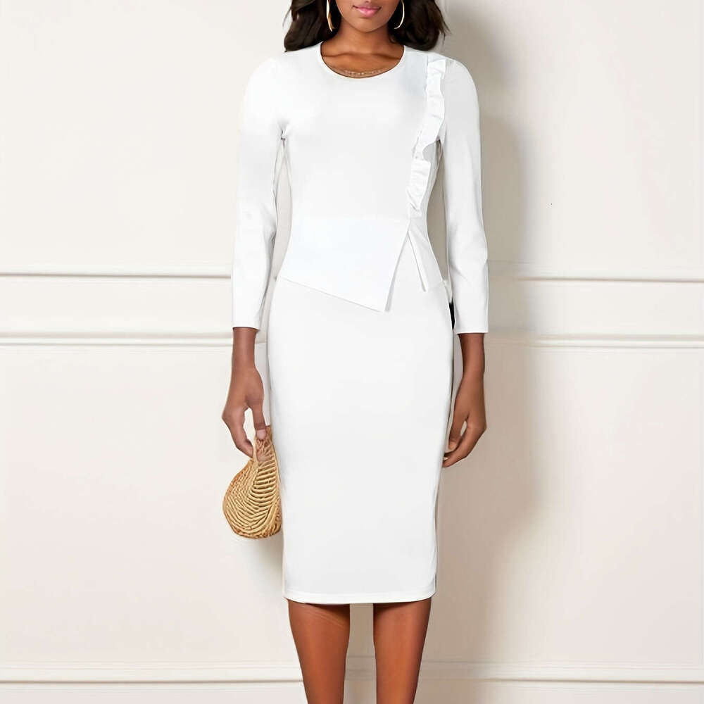 Women's Wear Large Women's Wear Spring Wood Ear Solid Round Neck Wrap Hip Office OL Commuter Dress