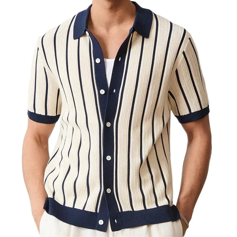 y Knitting Striped Shirts Men Vintage Turndown Collar Button Short Sleeve Mens Knit Shirt Summer Trendy Slim Cardigan 250520