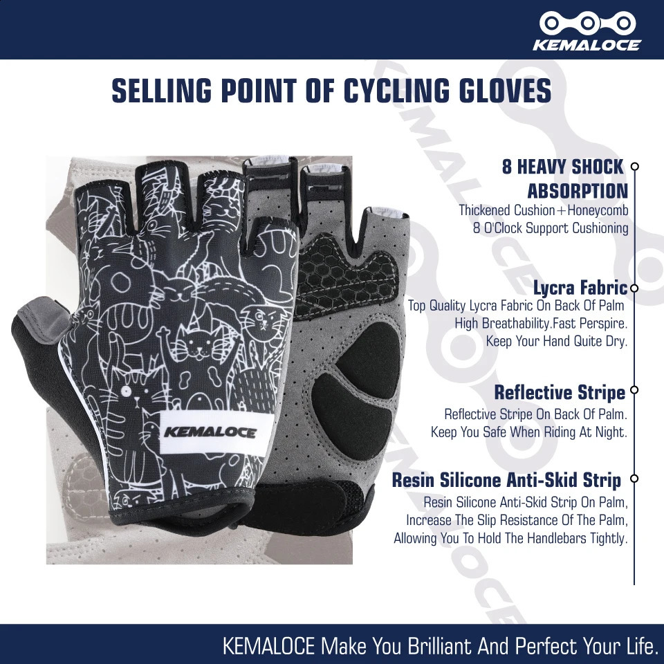 KEMALOCE Cycling Gloves Men Women Road Racing Half Finger Summer Mittens NonSlip Reflective Outdoor Sport Adult MTB Bike Glove 250515