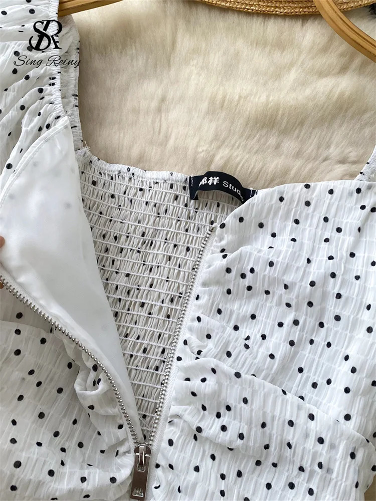 SINGREINY Summer Polka Dot Short Blouse Zipper Puff Sleeves Sexy Slim Tops Elastic Ruched Fashion Women Vintage Chic Shirt 250520
