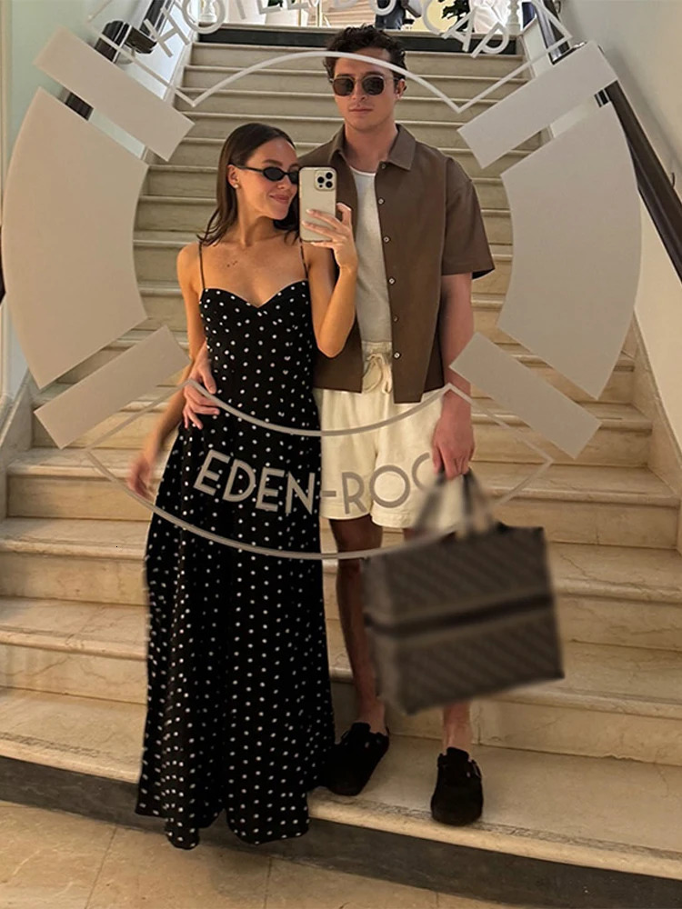 Dot Print Strapless Sling Womens Long Dress Elegant V Neck Sleeveless Pleated Maxi Dresses Female Spring Summer Party Robe 250520