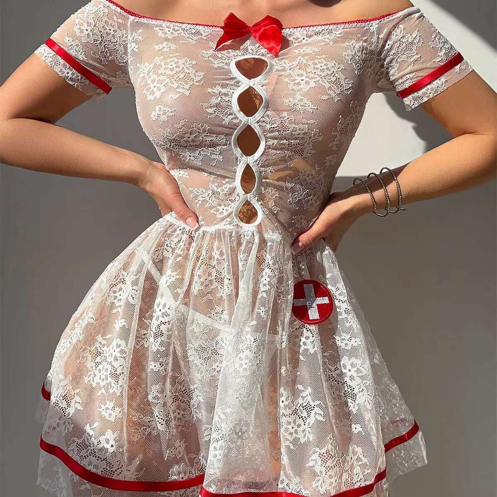 B30313 Sex Appeal Lace Nurse Role Play Uniform Nightdress Transparent Women Underwear Sexy Lingerie