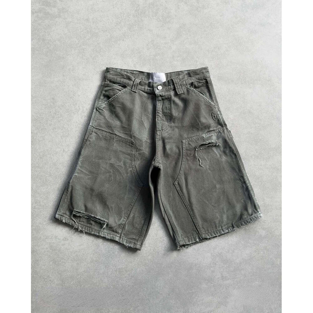Summer hip-hop punk washed denim men y2k ripped loose shorts Harajuku Jorts
