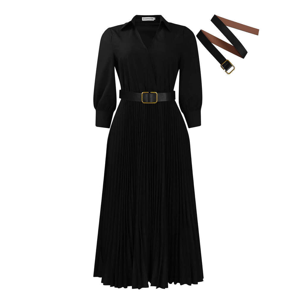 Women's Wear D3286 Plus Size Women's Clothing Autumn And Winter New Style Elegant Temperament Lapel Solid Color Big Swing Pleated Dress