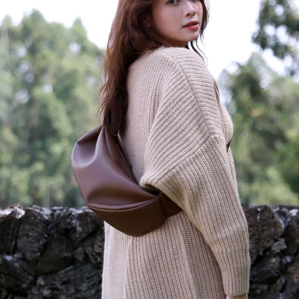 UBELLIN Simple Leather Dumpling Single For Women Retro Wide Shoulder Strap Zipper Half Month Crossbody Bags