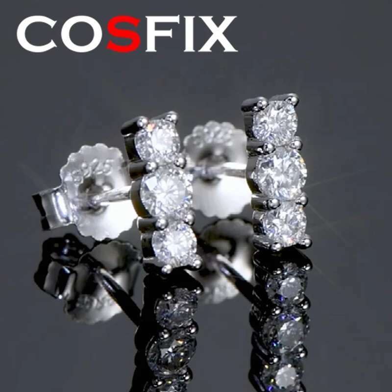 COSFIX 3 Stone Moissanite Stud Earrings for Women 925 Sterling Silver Earrings Woman High Quality Jewelry Girlfriend Gift 2022