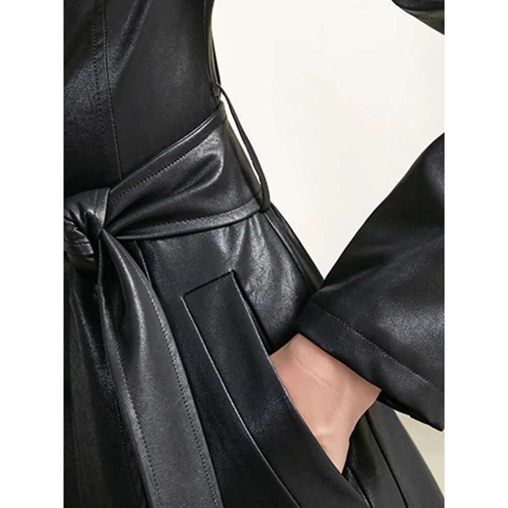 Lautaro Spring Autumn Black Soft Waterproof Faux Leather Coat Women Belt Long Sleeve Single Breasted Fashion 2022 Designer