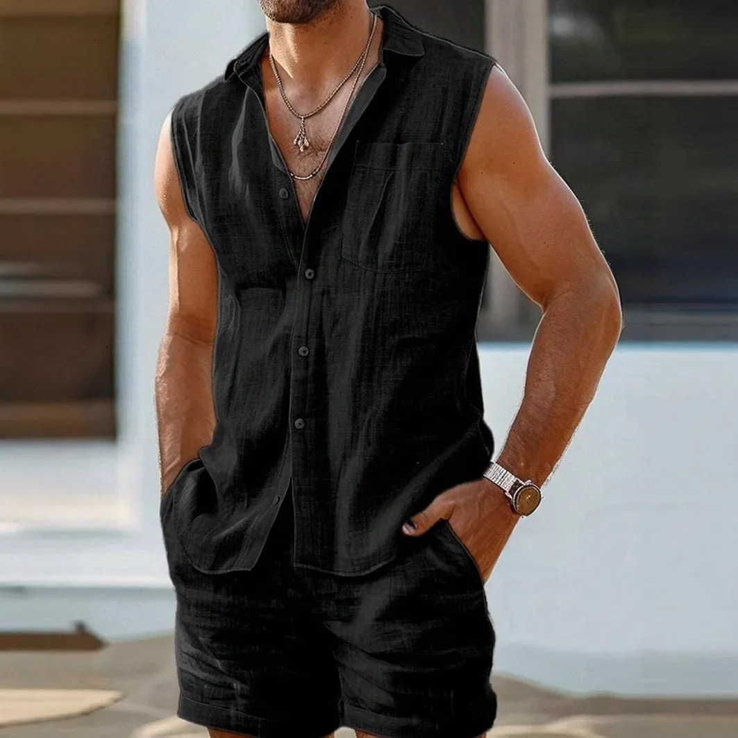 Sexy and fashionable European and American mens casual cardigan vest set in cotton and linen style 250519