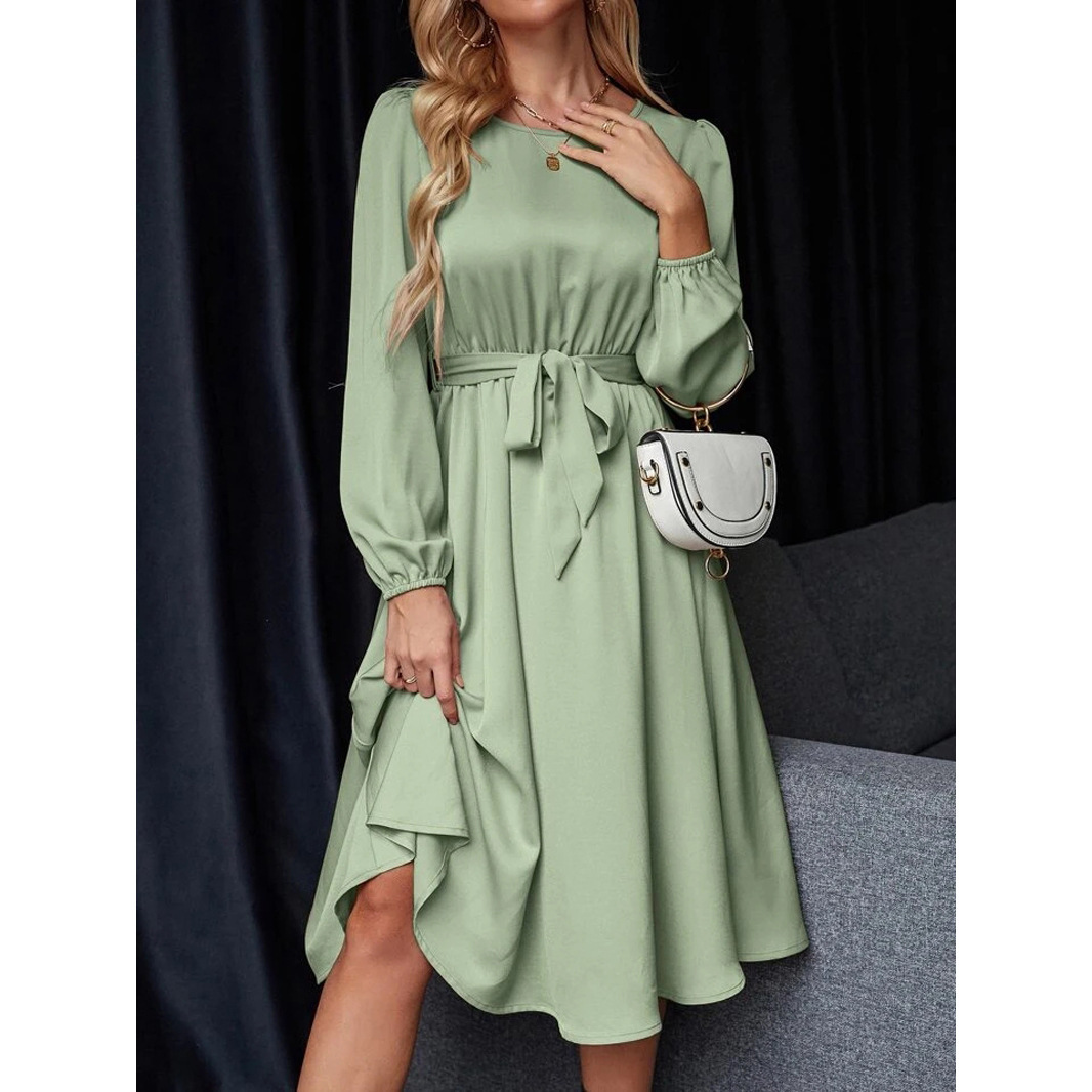 Designer Dress 2025 New Lantern Sleeve Keyhole Back Strap Satin Dress Spicy Girl Plus Size Dress Beach Dress