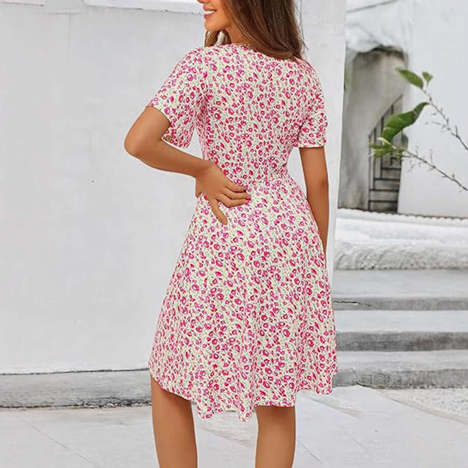 Whitedress Dresses Women Dress Vestido Buttock Vestido De Mujer 2025 New Womens Sun Skirt Summer Flower Short Sleeve Package V-neck A-line Midi Dress