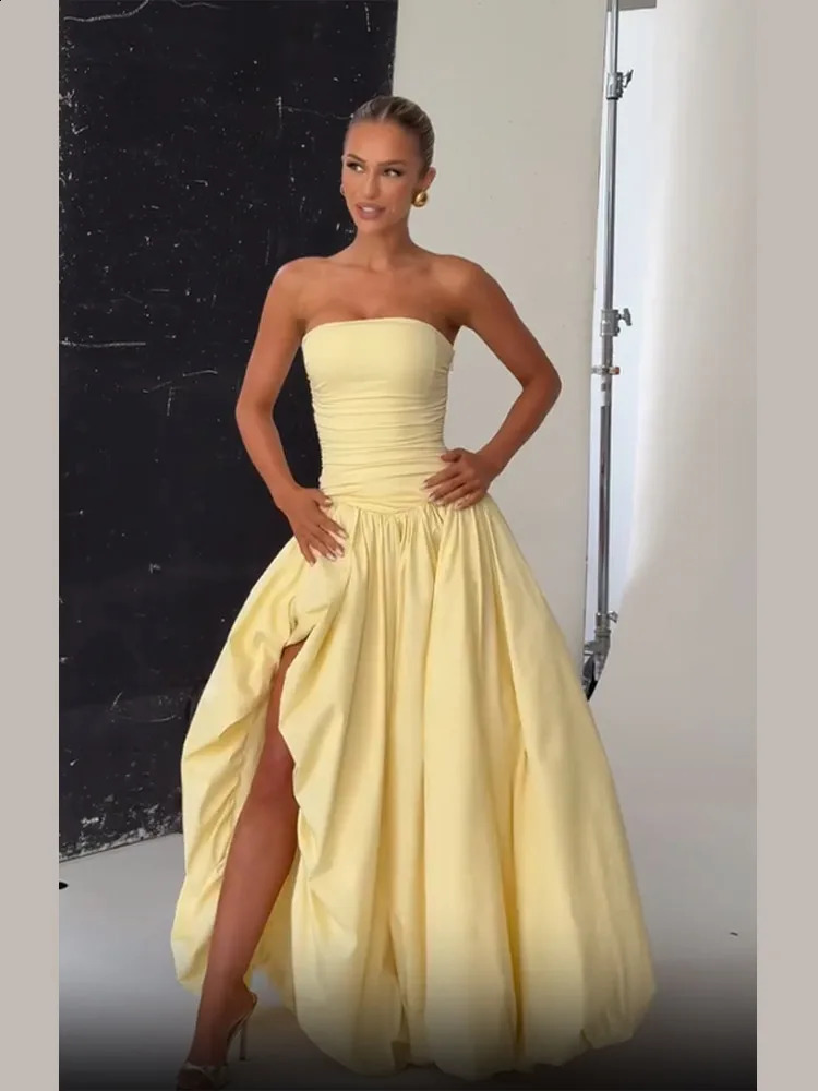 Butter Yellow Womens Party Dress Womens Fashion Strapless A-line Bubble Hem Slim Robes Summer Lady Evening Party Dresses 2025 250519