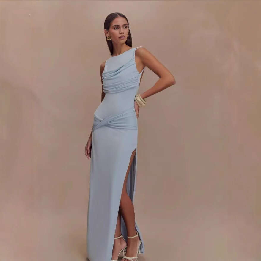 Design inspired with blue round neck backless design, sexy high-end sleeveless slim fit temperament, dress 2025 new casual and versatile fashion cloth