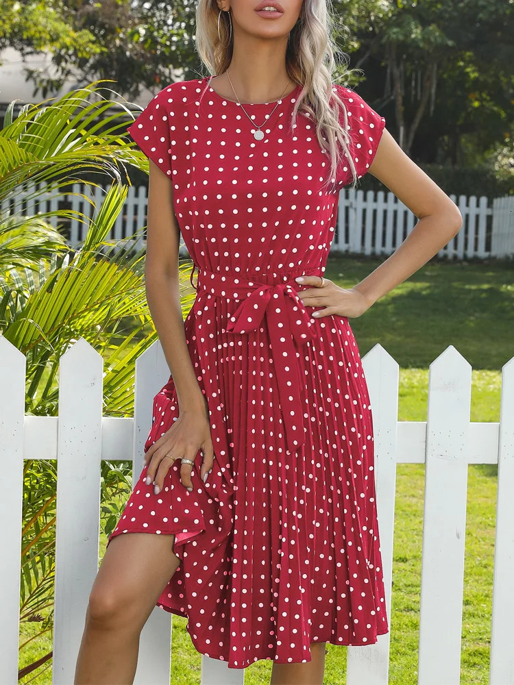 Benuynffy ONeck Polka Dot Summer Dresses Cap Sleeve Women Knee Length Shirred Elegant Office Lady Belted ALine Dress 250520