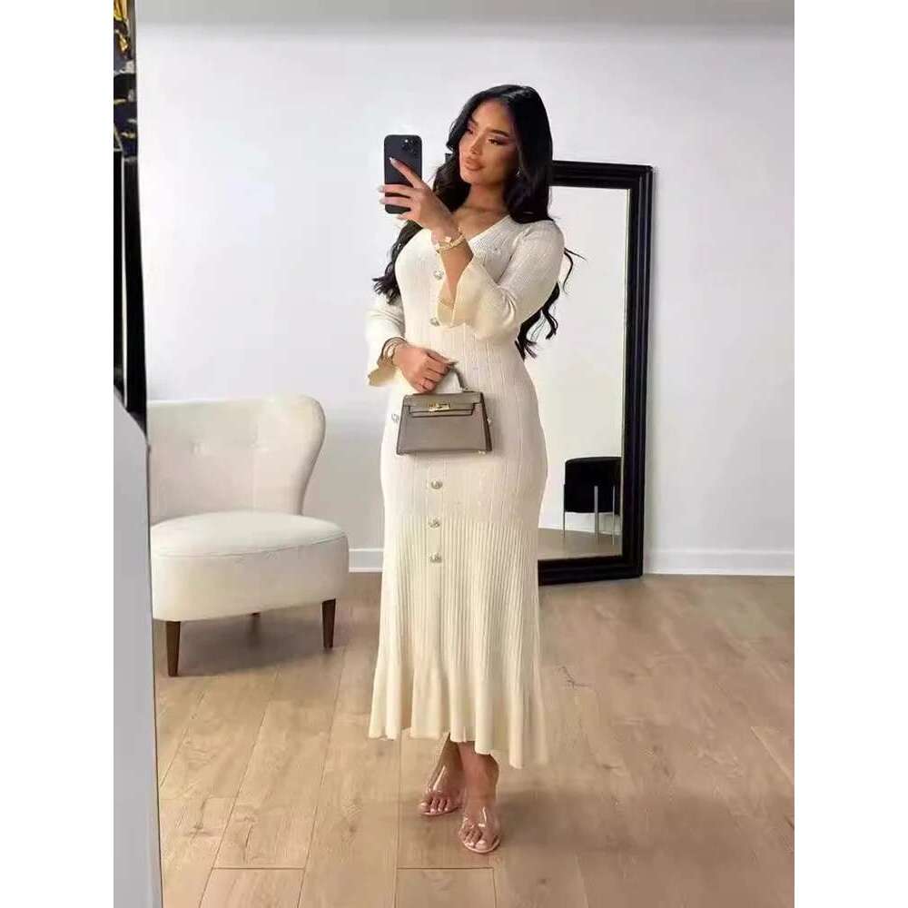 Elegant Knitted Long Dress Women Flare Sleee V Neck Ruffles Single Breasted Bodycon Dresses Party Fashion Office Lady Vestidos Designer