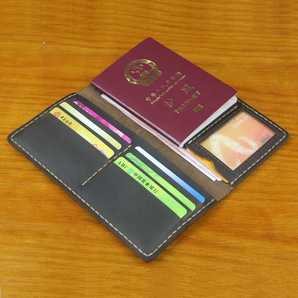 Vintage Handmade Genuine Leather for Men Long Wallet Bifold Male Clutch Purse Clip with Passport holder Money Bag