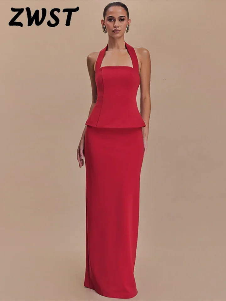 Red Halter Women Vest Set Sexy Hip Package Split Lady Maxi Skirt Suit Fashion Sleeveless Evening Party Female 2 Piece 250520