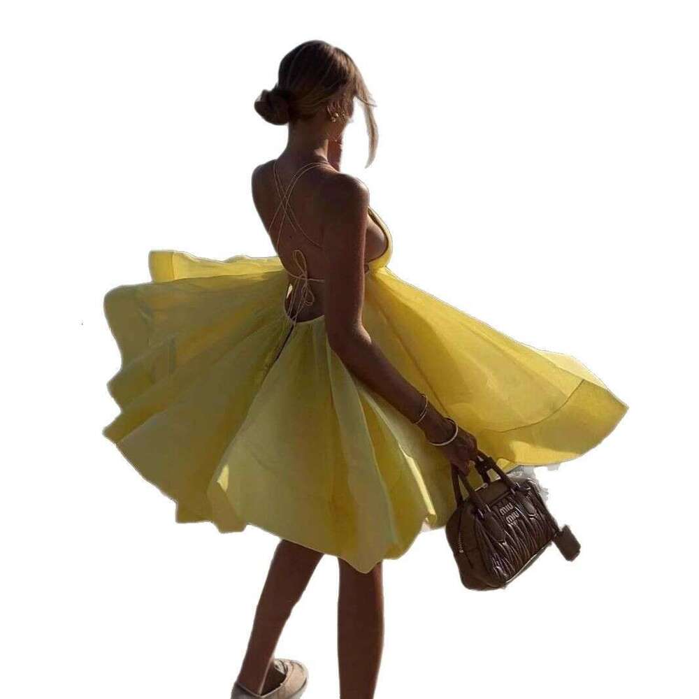 2025 summer solid color sleeveless V-neck backless strap short skirt sexy design sense European and American party dress women's new style temper