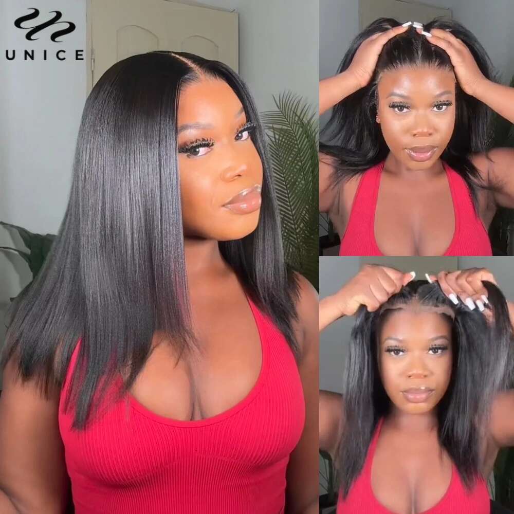 UNice Yaki Straight Bob 7x5/13x4 Cut Bleached Pre Plucked Human Hair Lace Front Wig 150% Density