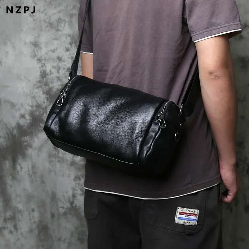 NZPJ Genuine Leather Shoulder Trendy Crossbody Top Layer Cowhide Men's Bag Leisure Postman Bag For 10 Inch Ipad