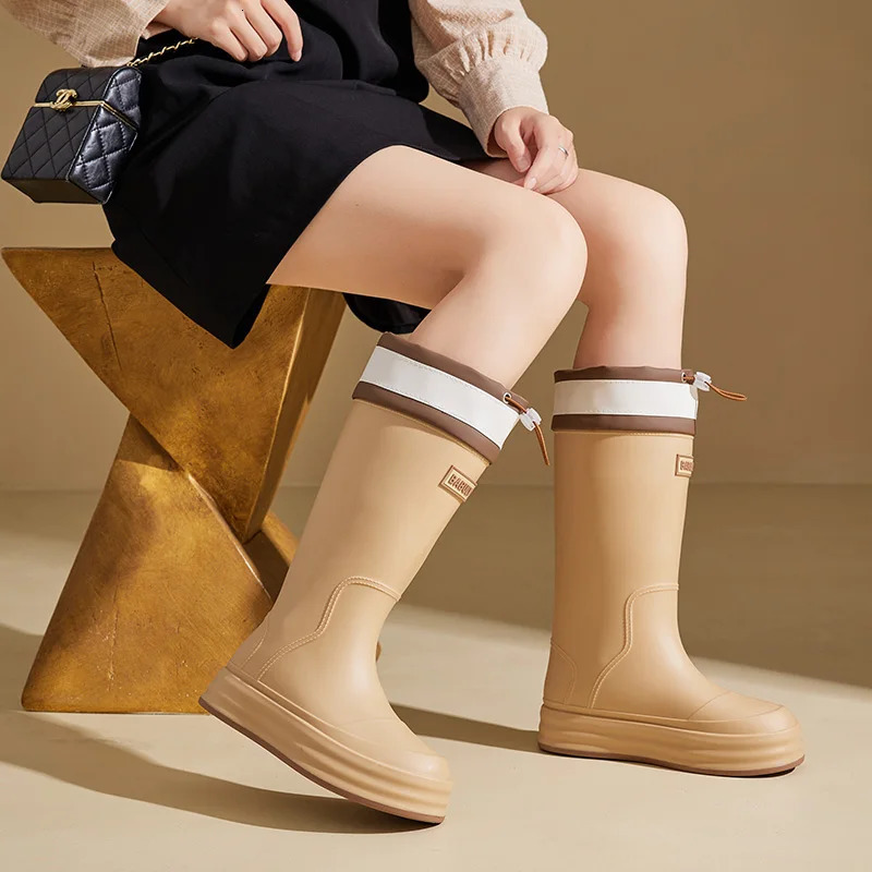 Womens Adult Waterproof Cuffed Water Shoes High-cylinder Rain Boots for Outdoor Hiking 250515