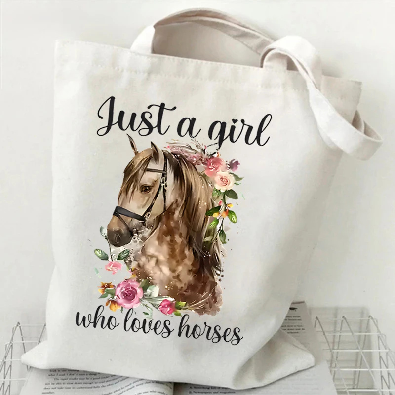 Women's Tote Bag Just A Girl Who Loves Horses Print Canvas Large Capacity Shopping Bags Horse and Flower Commuter Shoulder Bag