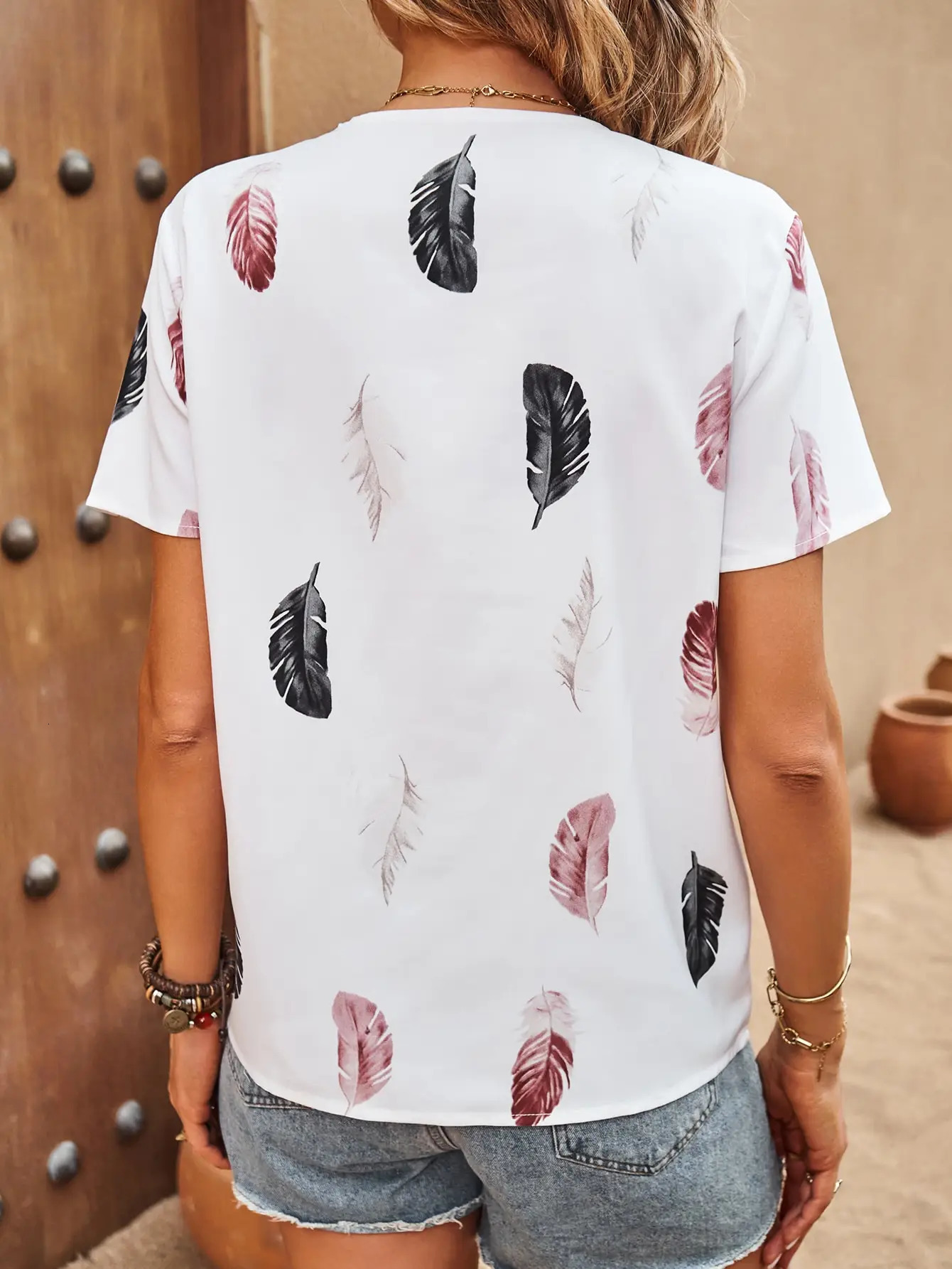 Elegant fashion womens shirt Small round neck short sleeve geometric print button casual for womenirt women 250514