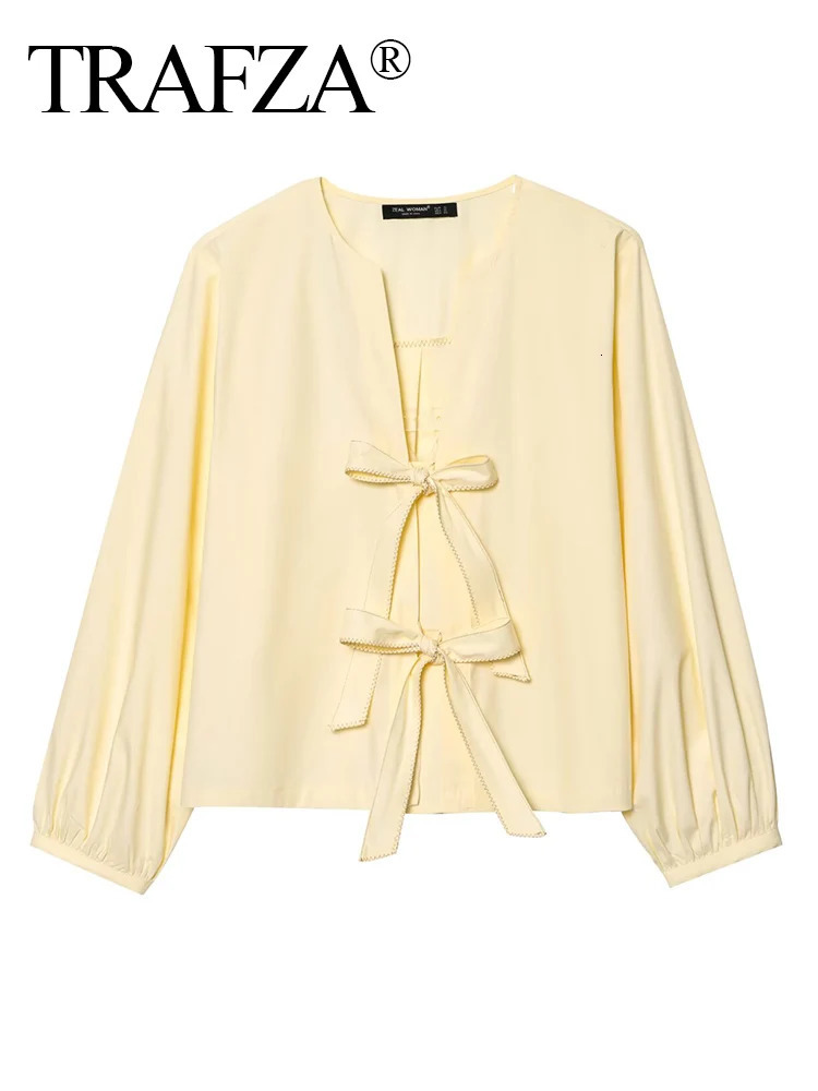 TRAFZA Women Casual Lace Up Shirt With Bow Summer Long Sleeve Loose Female Shirts Puff Blouses Office Top 250520