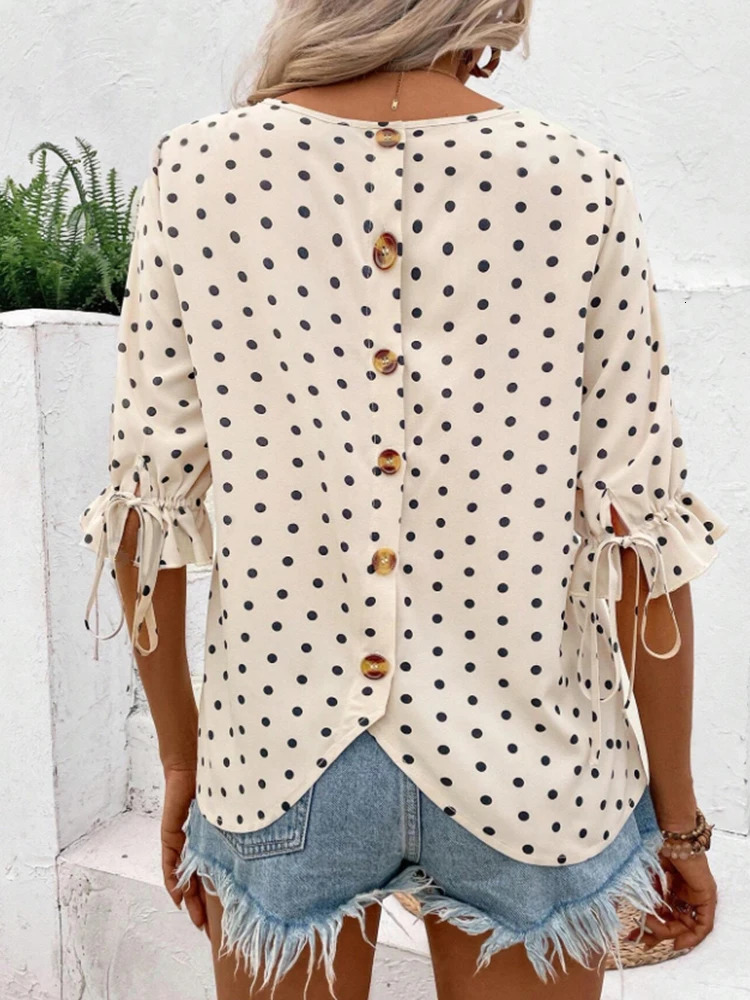 Womens Polka Dot Print Round Neck Sleeveless Shirt Spring Summer n with Buttons and Drawstring Cuffs 250514