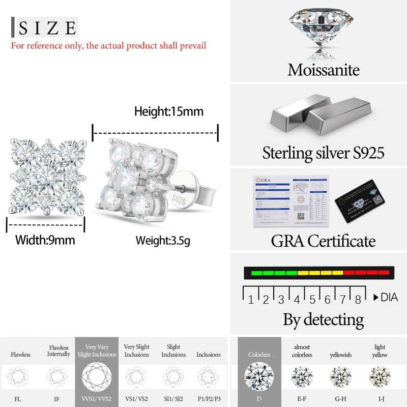 TUHE Unisex Classic Square Earrings Ice Out Silver 925 Moissanite Earrings For Women Jewelry Gift