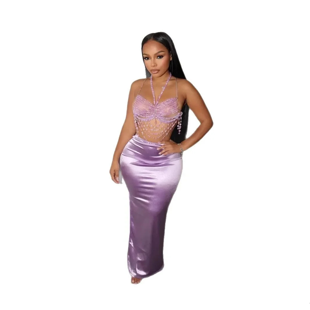 Womens Summer Solid Color Unique Bright Glitter Draped Slim Fit Side Slip Onesie Skirt European And American Cross-Border T 250519CJ