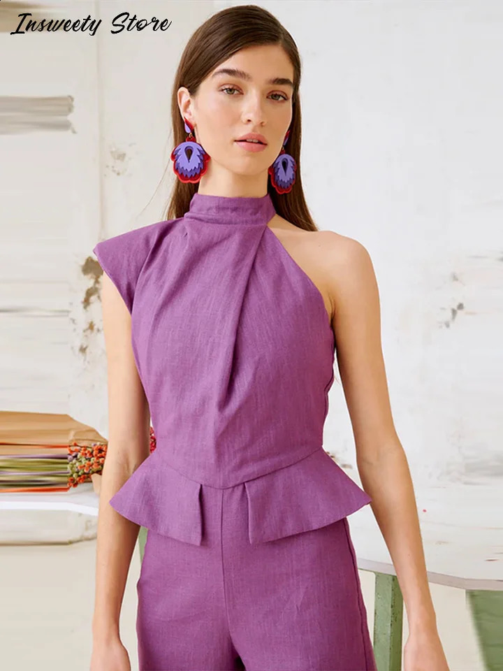 Fashion Halter Jumpsuits Womens Solid Slim Sleeveless Pleated Straight Jumpsuit 2025 Spring Summer Elegant Female Outwear 250519