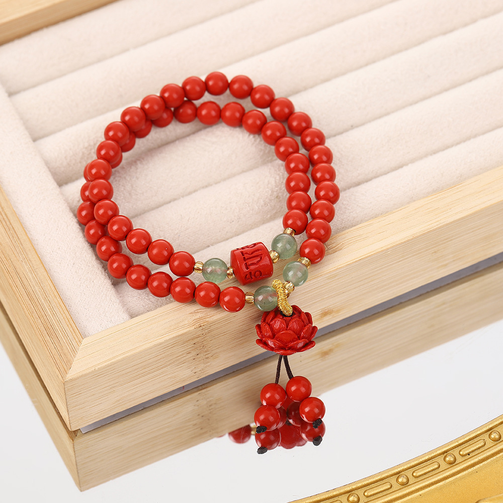style red gauze double circle bracelet, Chinese Zen lotus pendant, women's zodiac year gift, creative bracelet