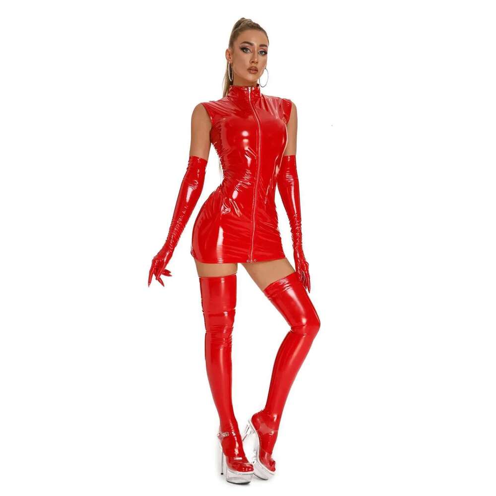 PU Leather With Glove Stockings Punk Gothic Sexy Bodycon Mini Lingerie Dress Latex Catsuit Women Club Party Outfits
