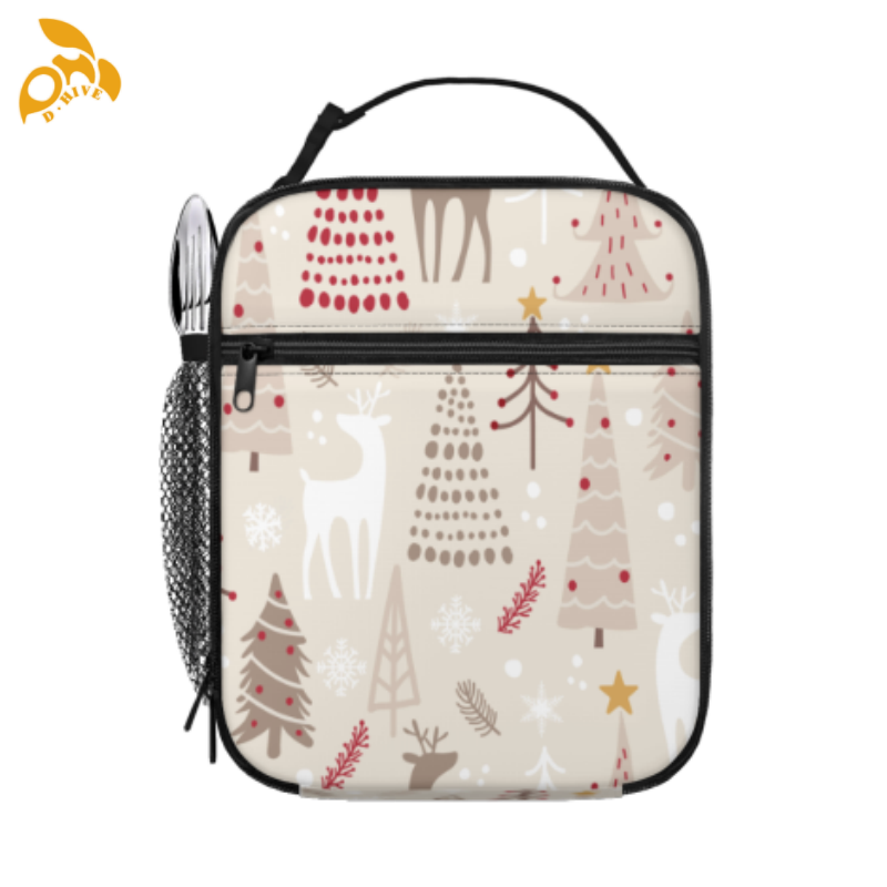 Free shipping designer custom-made round beige, white and black semi-long lightweight portable hand-held insulated lunch bag for adults.