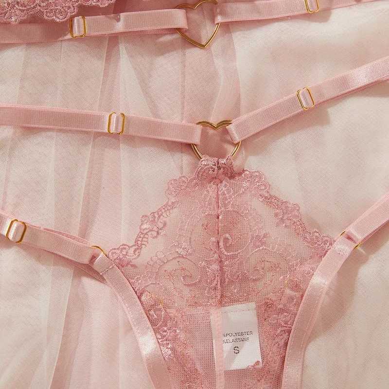 Sexy Lingerie Comfortable Ultra-Thin Sexy Lace Patchwork Mesh Semi-Transparent Push-Up Pink Underwear Set New R250520