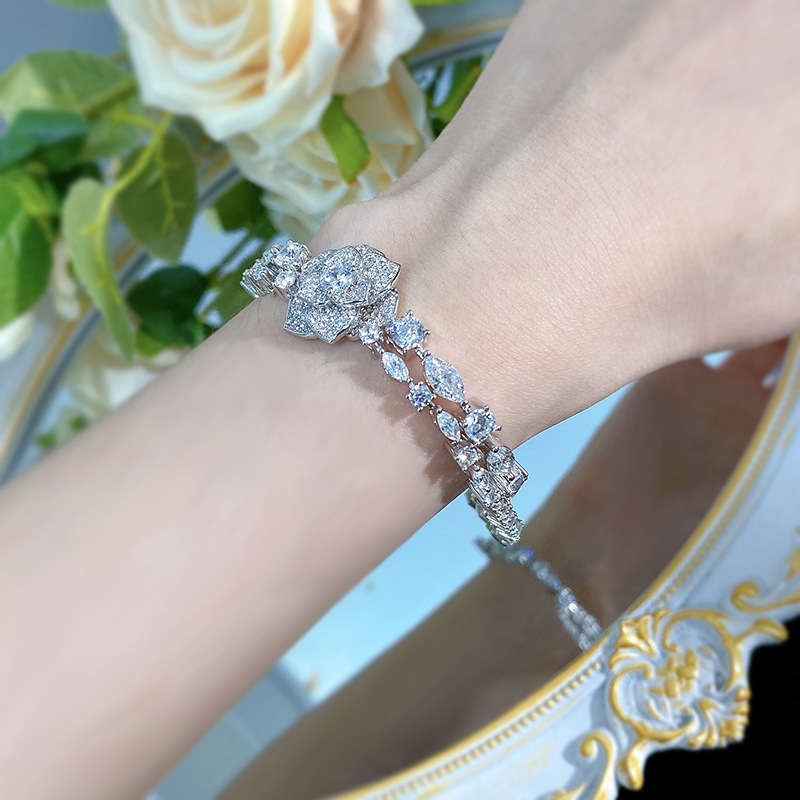New S925 Silver Full Diamond Inlay Camellia Flower Bracelet, Elegant Luxury Jewelry for Women, Ideal Gift for Special Occasions